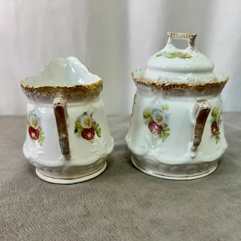 Sugar Bowl & Creamer Porcelain Lidded White Floral Gold Trim Large Unmarked